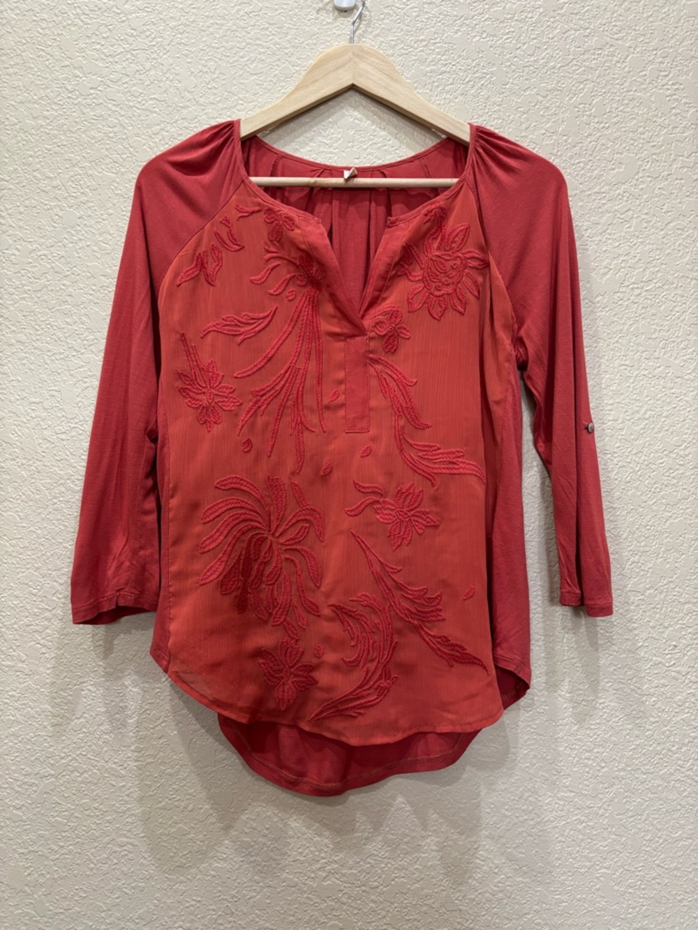 Anthropologie | Tiny Embroidered Silk Blend Peasant Blouse Coral Rust Boho Small
